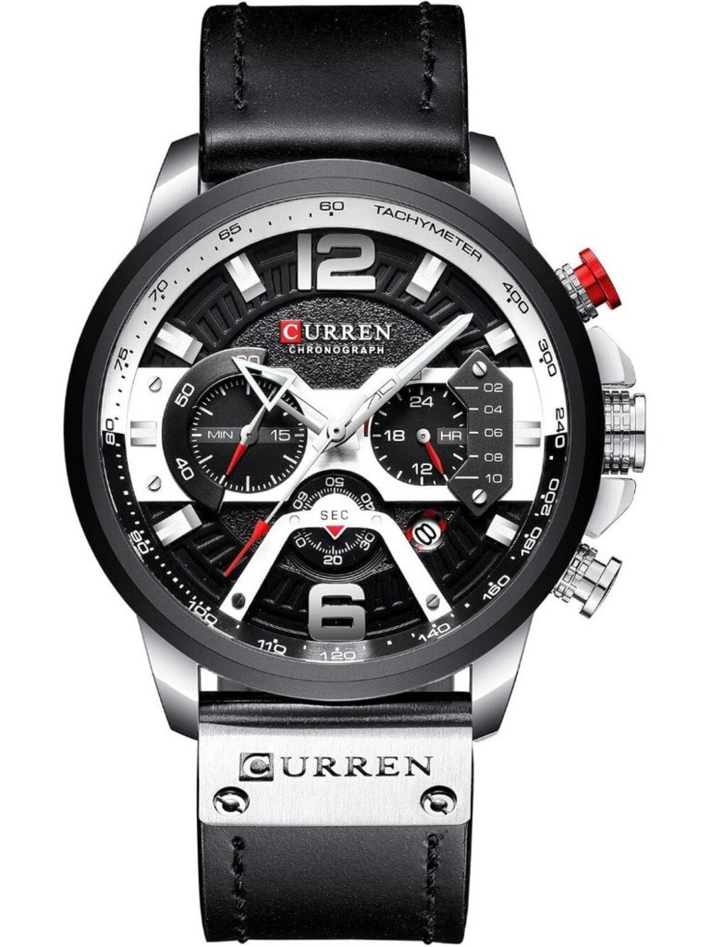 Men Black Silver Analog Quartz Waterproof Leather Strap Chronograph Luxury Watch